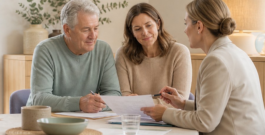 An older couple discussing care options with a professional