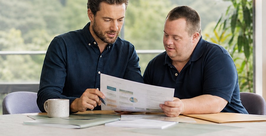 A participant and coordinator reviewing an NDIS plan together