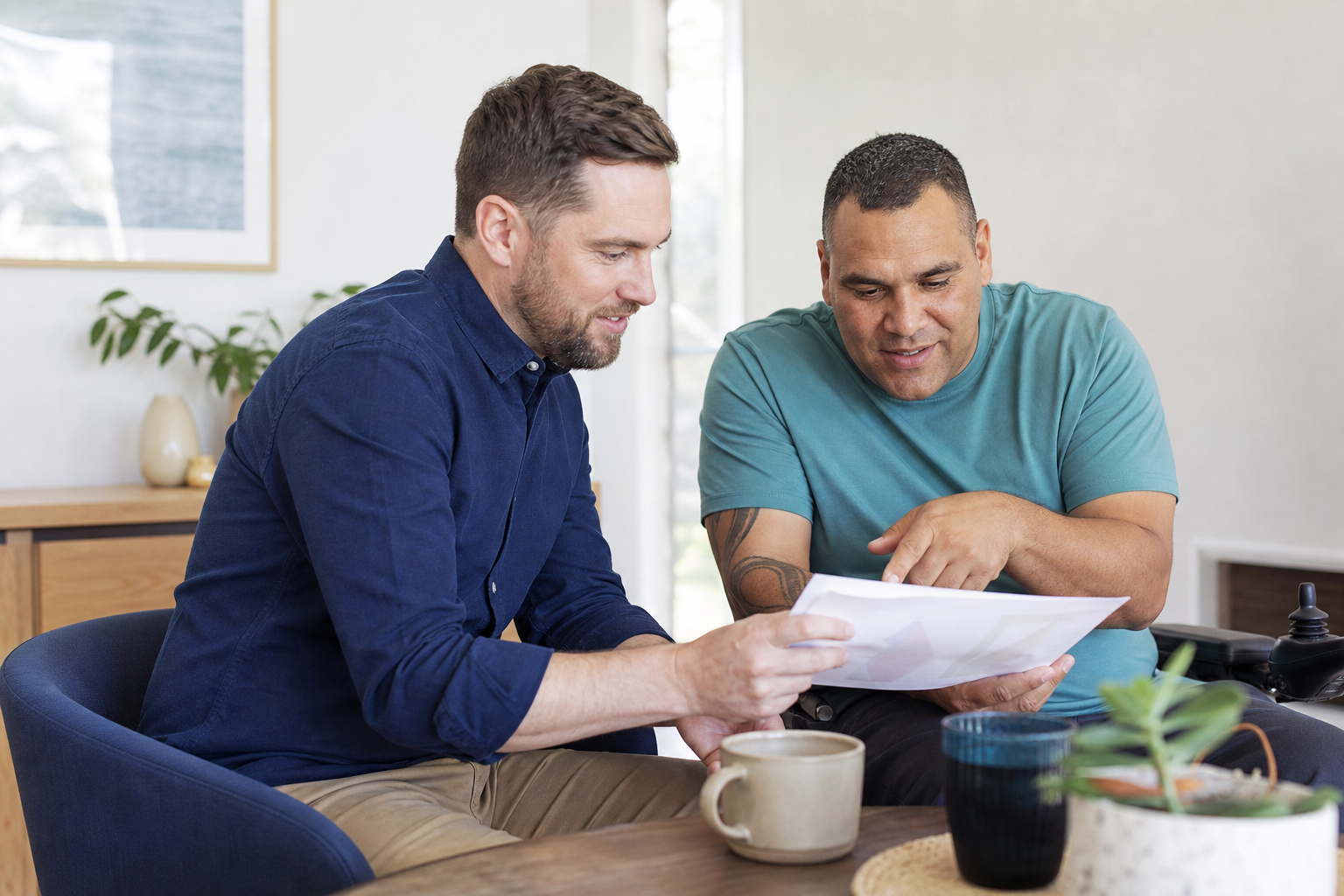 A participant and support coordinator sitting together and reviewing a plan